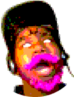 Cpt.bichez face, a highly pixelated picture of a pink bearded black person with glasses on their forhead.