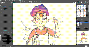 a character with multicolored hair with engineer googles pointing something in the air