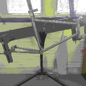 Front triangle and chainstays in place in a framebuilding jig