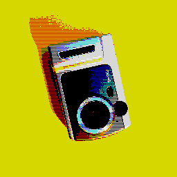 picture of a 2 tone gray camera on a yellow background